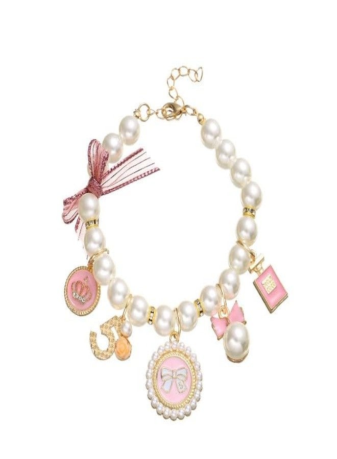 Tustao Pink Dog Pearl Collars Pet Necklace Princess Bow Necklace Sweet Bow Cute Collar Puppy Accessories Cat Jewelry Pearl Neck Strap Basic Collars for Dog Cat Adjustable Jewelry Collars(S) - Image 1